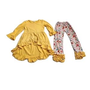 Girls Ruffle Top With Floral Pants Mustard Yellow 3x 7/8T